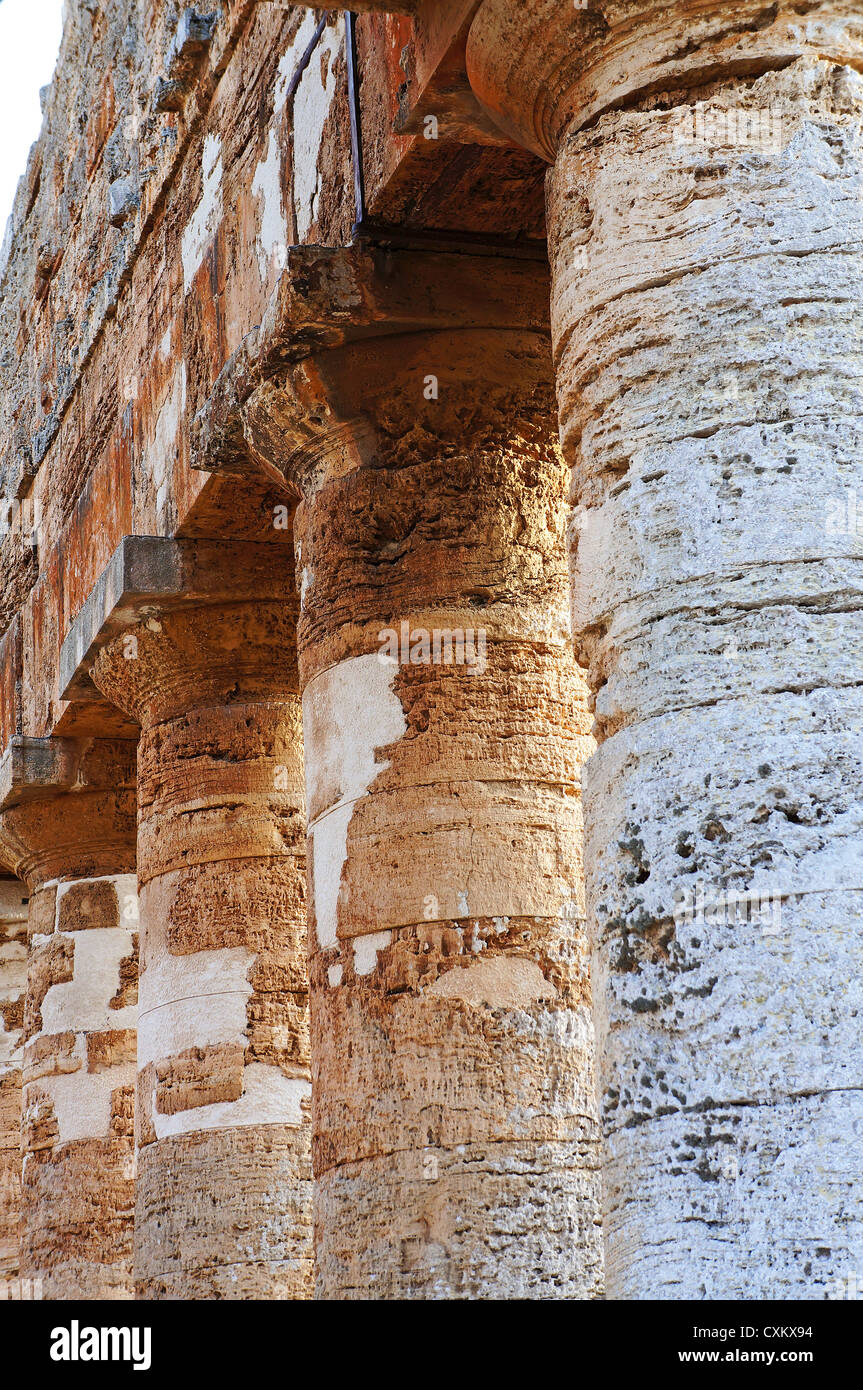 Visualizzazione delle colonne del tempio greco di Segesta in Sicilia Foto Stock