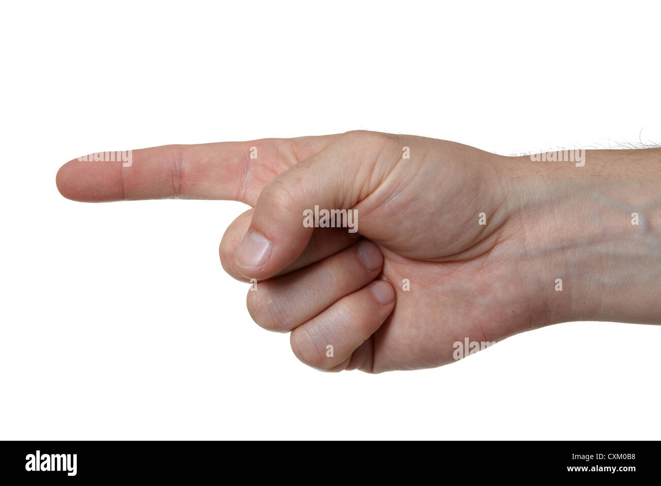 Dispositivo di puntamento, questo uno. Maschio gesto a mano su carta bianca comune e nuova. Tagliare Foto Stock