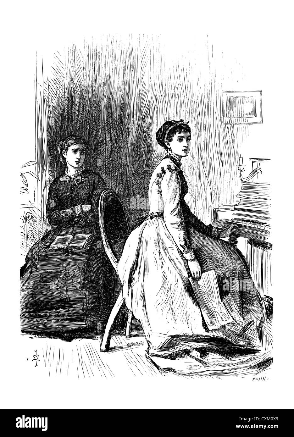 Fiera due fanciulle, vintage illustrazioni incise, linea di incisione, creato nel 1879, dopo il disegno di J.E. Millais, R.A Foto Stock