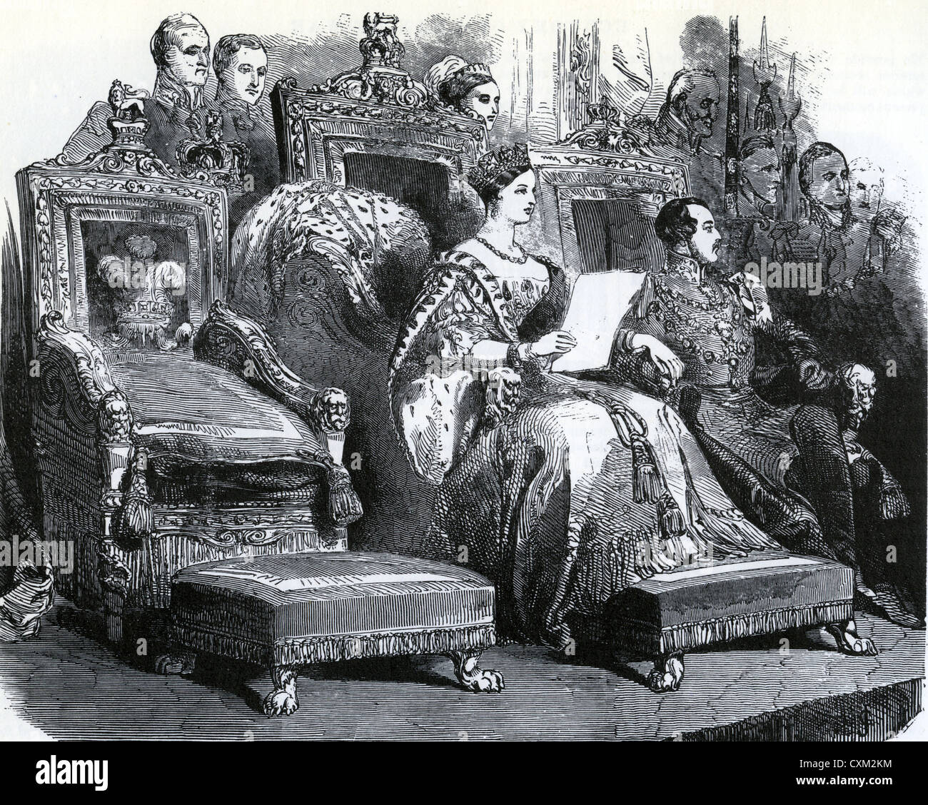 Apertura DELLA CONDIZIONE DEL PARLAMENTO Queen Victoria legge il Royal Discorso nel gennaio 1846 con il Principe Albert accanto a lei Foto Stock