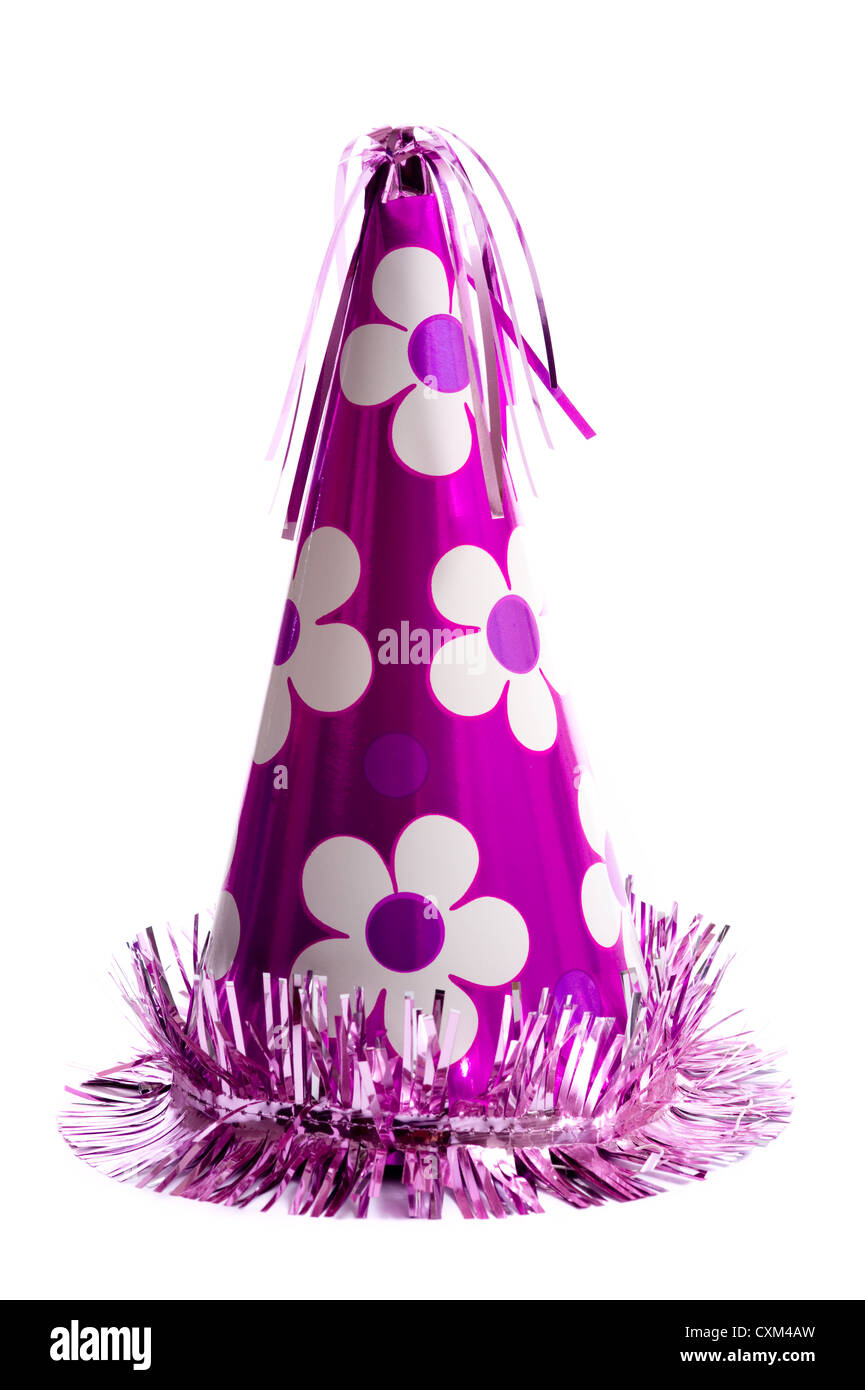 Viola festa di compleanno hat su sfondo bianco Foto Stock