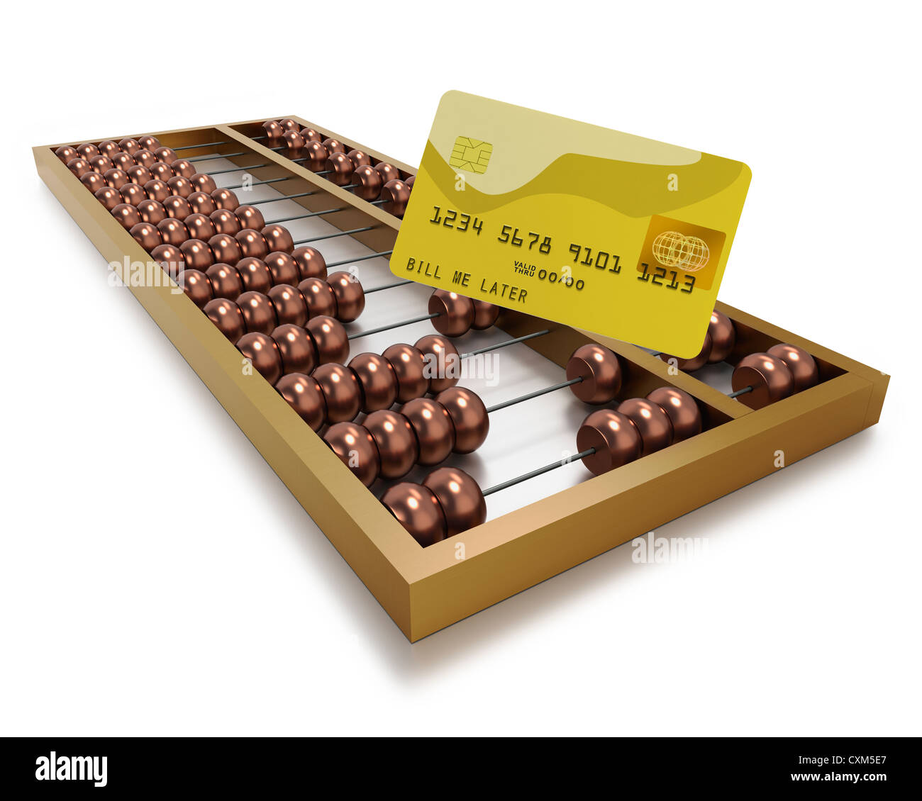Abacus cinese con una carta di credito per mostrare lo shopping in Cina o in estremo oriente su sfondo bianco Foto Stock