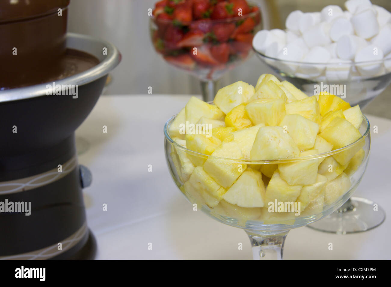 Fresco di ananas in pezzi con marshmellows, fragole e fontana di cioccolato in background Foto Stock