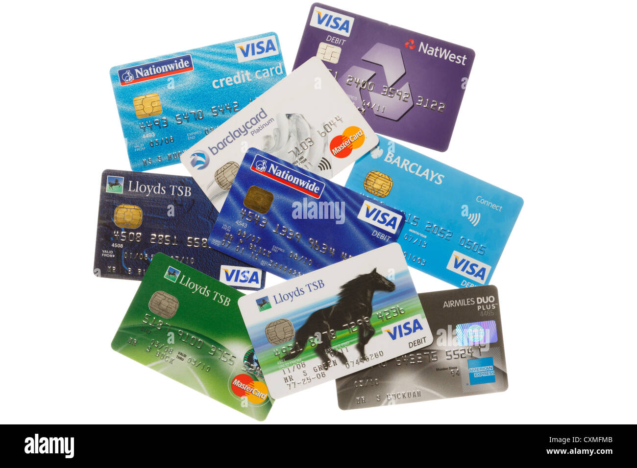 Varie bankcards da Nationwide, Lloyds TSB e Nat West banche isolato su uno sfondo bianco. Inghilterra Regno Unito Gran Bretagna Foto Stock