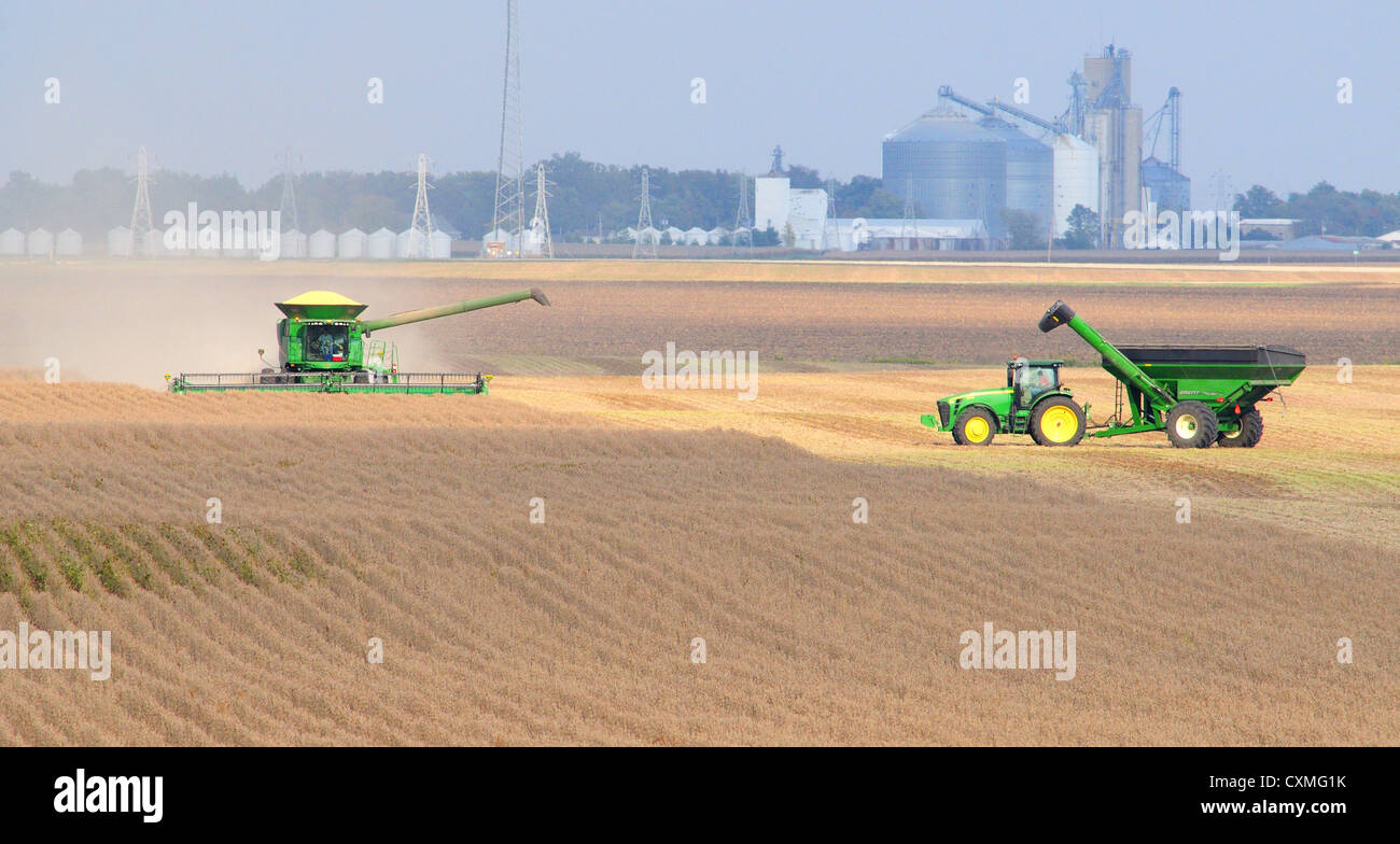 Una mietitrebbia John Deere il raccolto di soia seguita da un trattore John Deere tirando un Brent grano Foto Stock