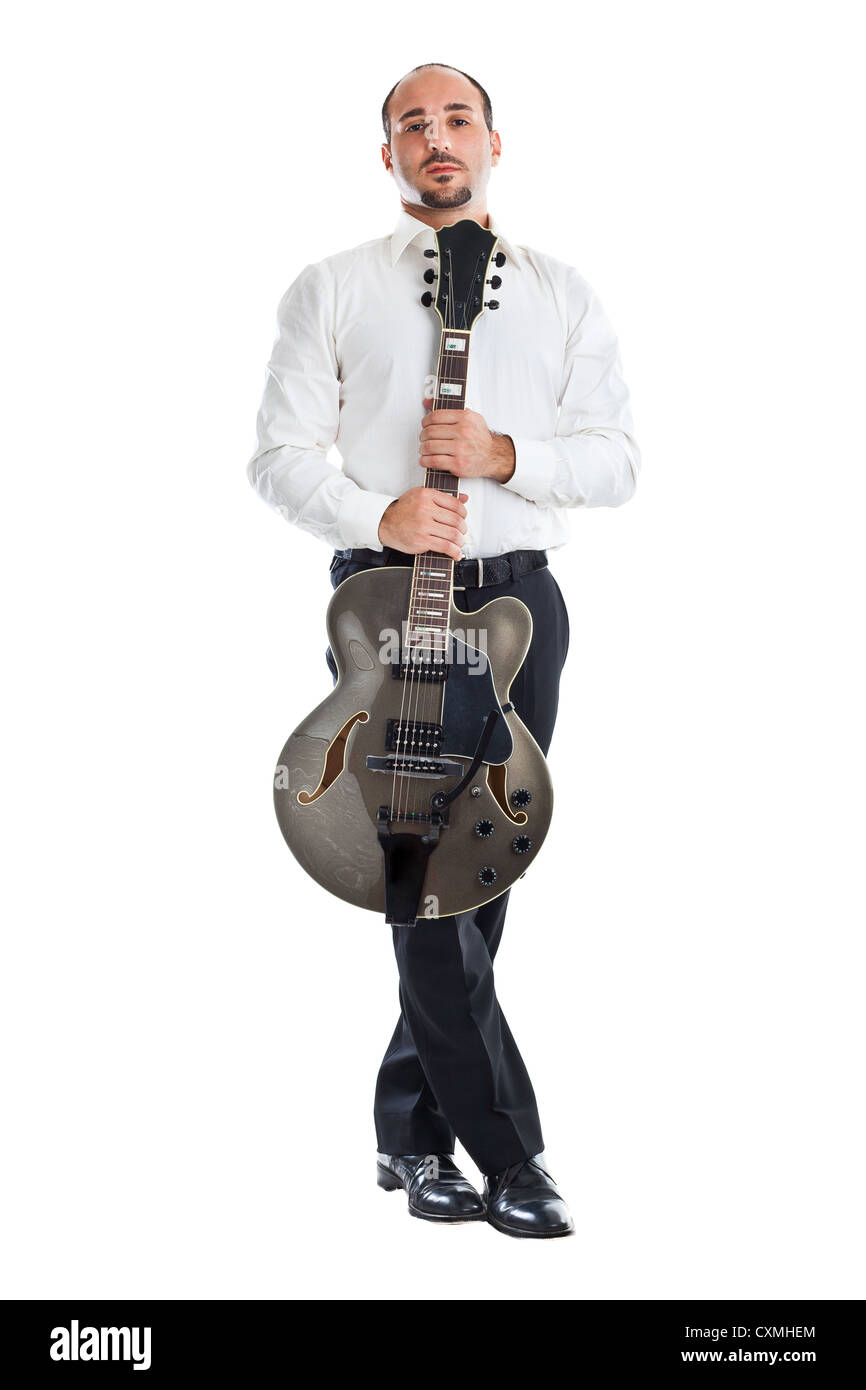 Un ben vestito musicista jazz con una chitarra Foto Stock