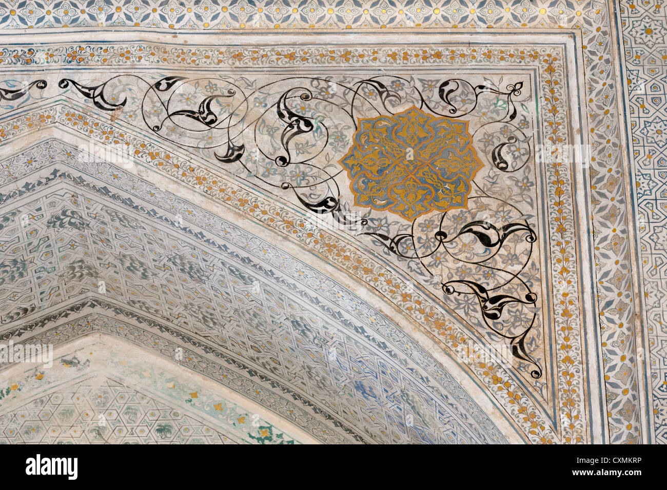Dettaglio di intonaco dipinto interno della parete, Gunbad-ho Sayyidan, Shahr-i Sabz, Uzbekistan Foto Stock
