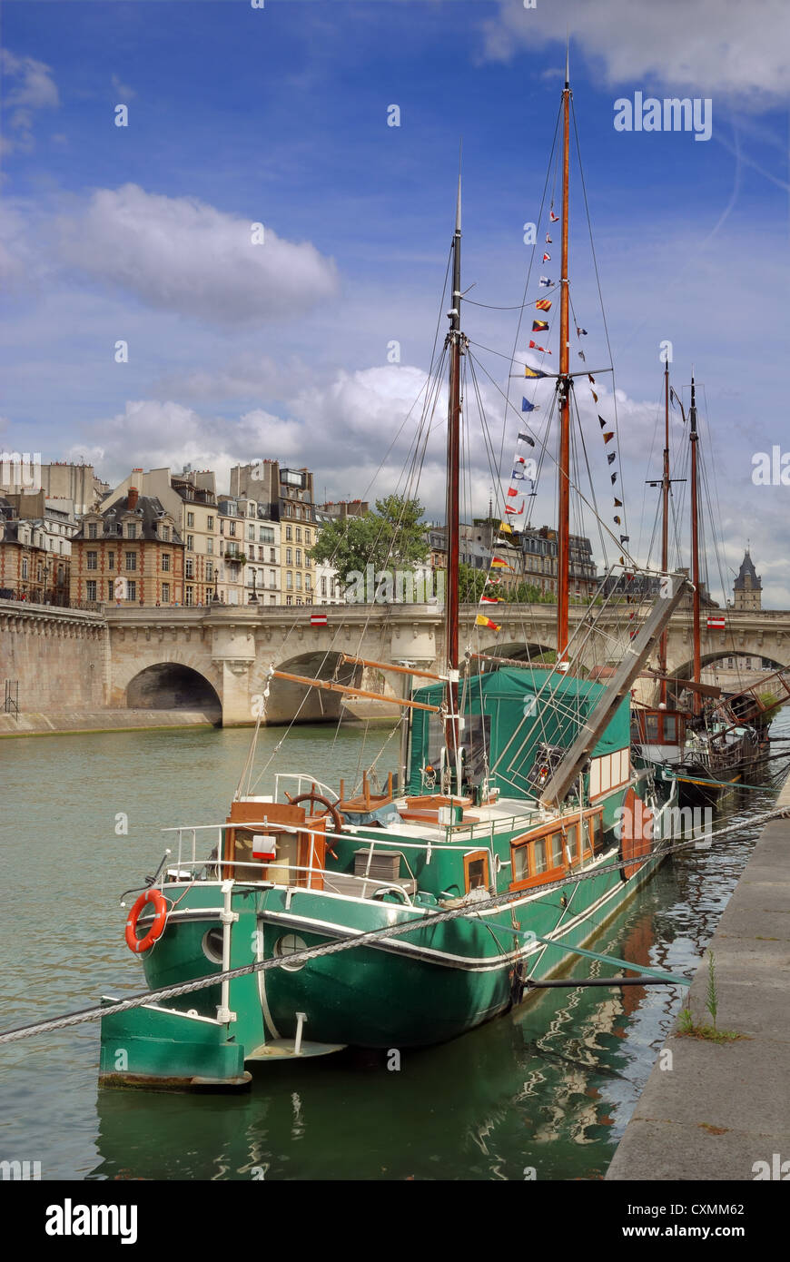 Vecchia chiatta per abitare al quay De Conti e il Pont Neuf ("Nuovo ponte"), il più antico ponte che attraversa il fiume Senna. Foto Stock