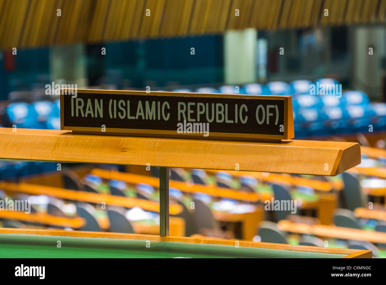 New York, NY, Stati Uniti, all'interno della sala riunioni dell'Assemblea generale, edificio delle Nazioni Unite, Manhattan, dettaglio segno iraniano iraniano dell'Iran, sede delle Nazioni Unite USA, politica internazionale Foto Stock