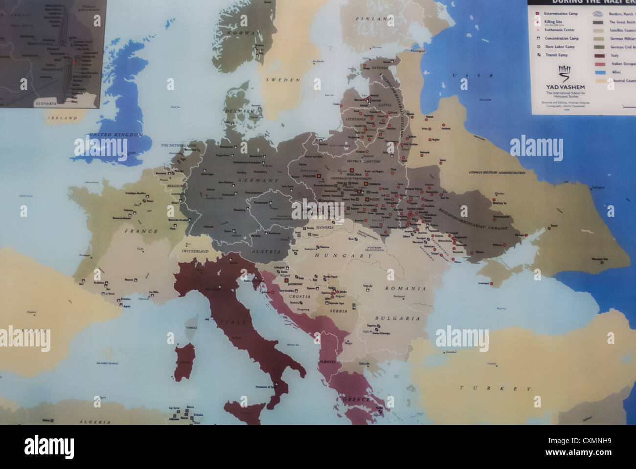 Vecchia mappa dell'Europa, campi di concentramento nazisti, Nazioni Unite, persecuzione degli ebrei in europa, Olocausto nazismo ebrei della seconda guerra mondiale Foto Stock