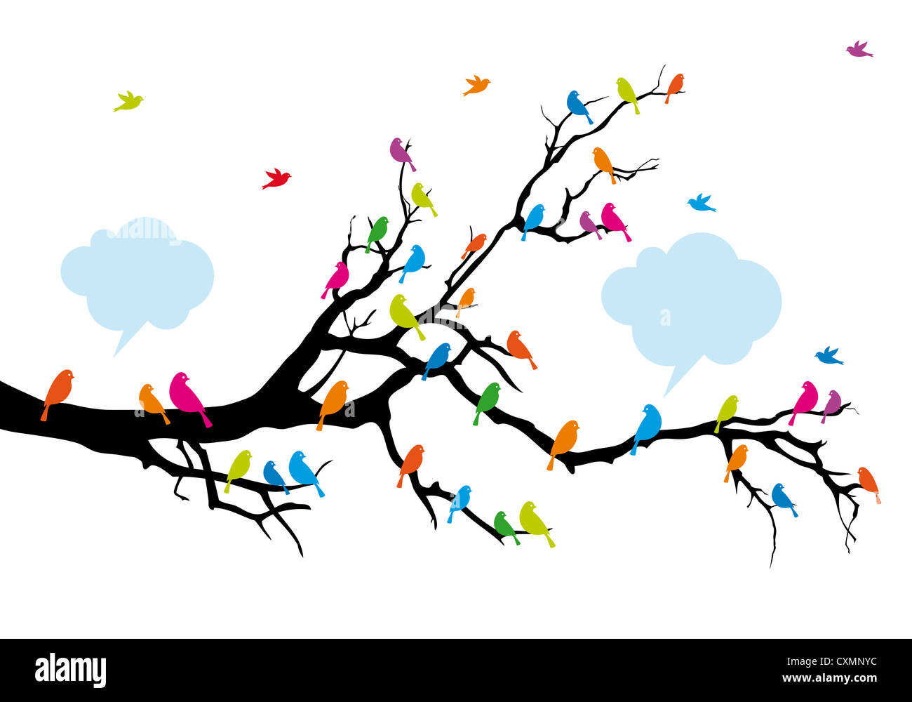 Uccelli colorati sul ramo di albero, vettore illustrazione dello sfondo Foto Stock