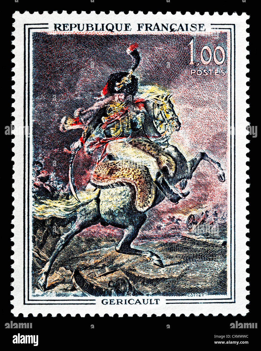 Non utilizzate il francese 1967 Francobollo raffigurante "ufficiale di cavalleria" da Théodore Géricault. Foto Stock
