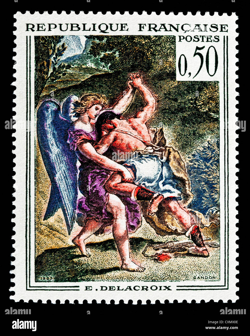 Non utilizzate il francese 1963 Francobollo raffigurante la pittura "Lutte de Jacob avec l'Ange' di Eugène Delacroix. Foto Stock