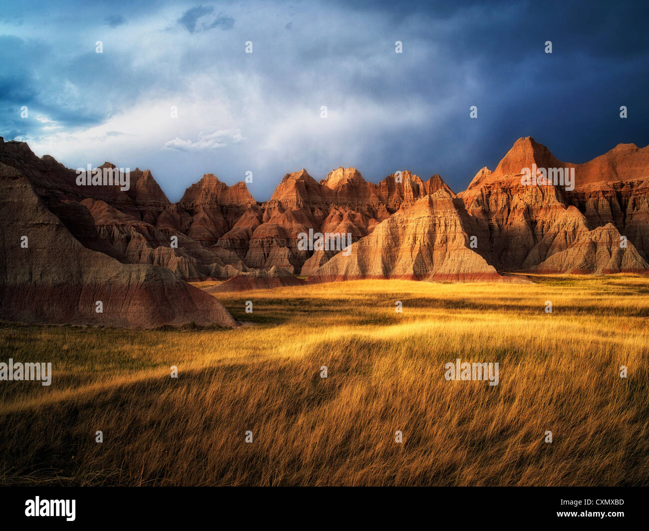 Prato di erba e rocce colorate. Parco nazionale Badlands, South Dakota. Foto Stock