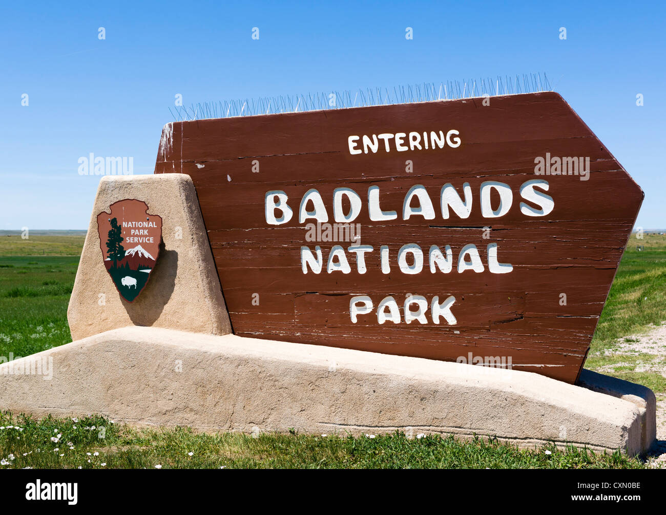 Segno di ingresso per il Parco nazionale Badlands, Dakota del Sud, STATI UNITI D'AMERICA Foto Stock