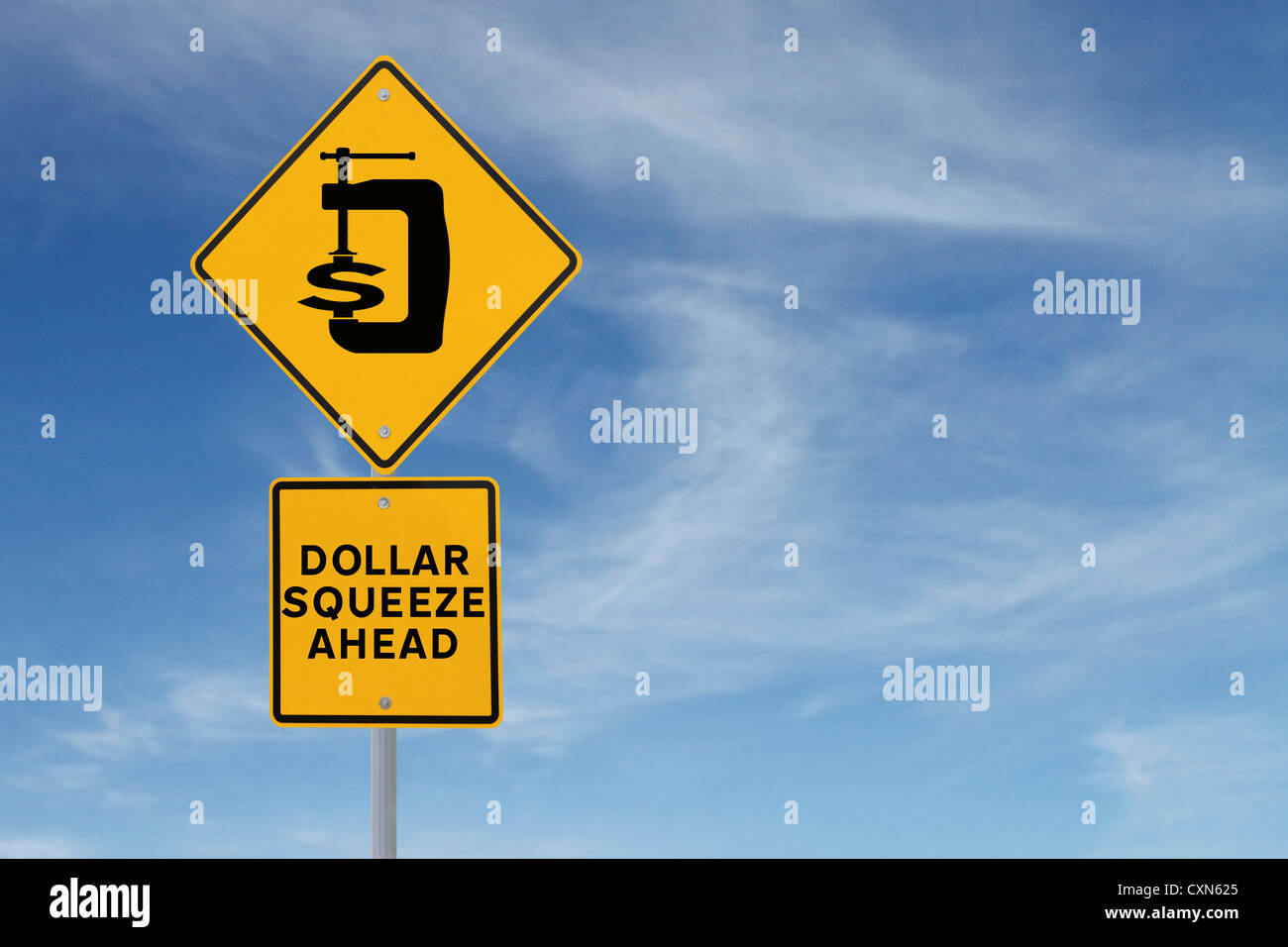 Un cartello stradale con una macchina utensile (morsa) calcoli o spremitura il dollaro valuta - in esclusiva per Alamy Foto Stock