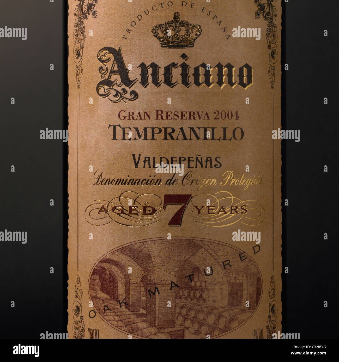 Anciano Gran Reserva 2004 vino Spagnolo etichetta closeup Foto Stock