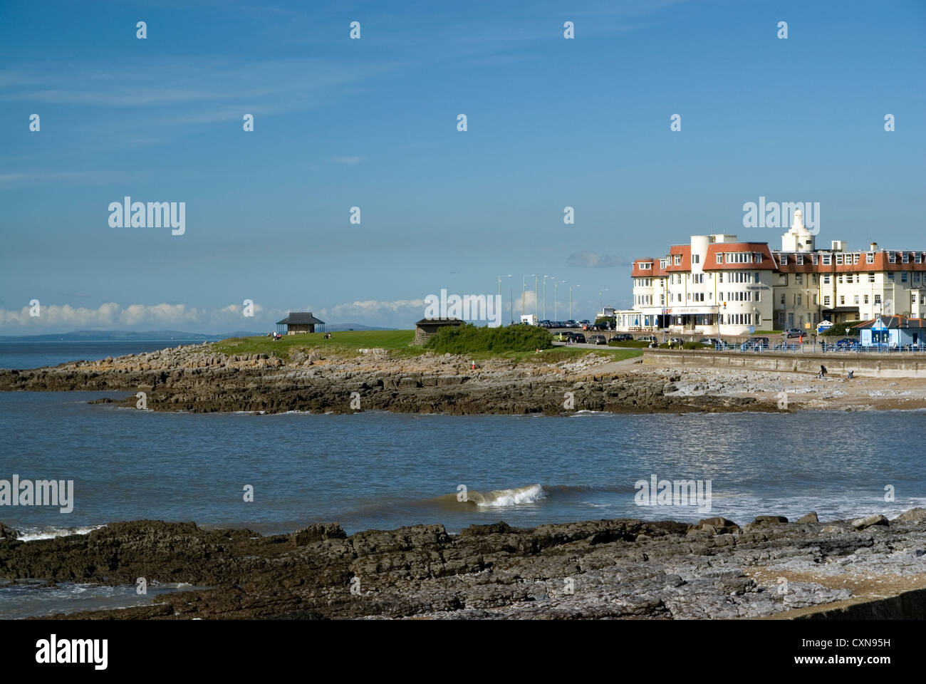 Spiaggia cittadina e Seabank Hotel, Porthcawl, South Wales, Regno Unito. Foto Stock