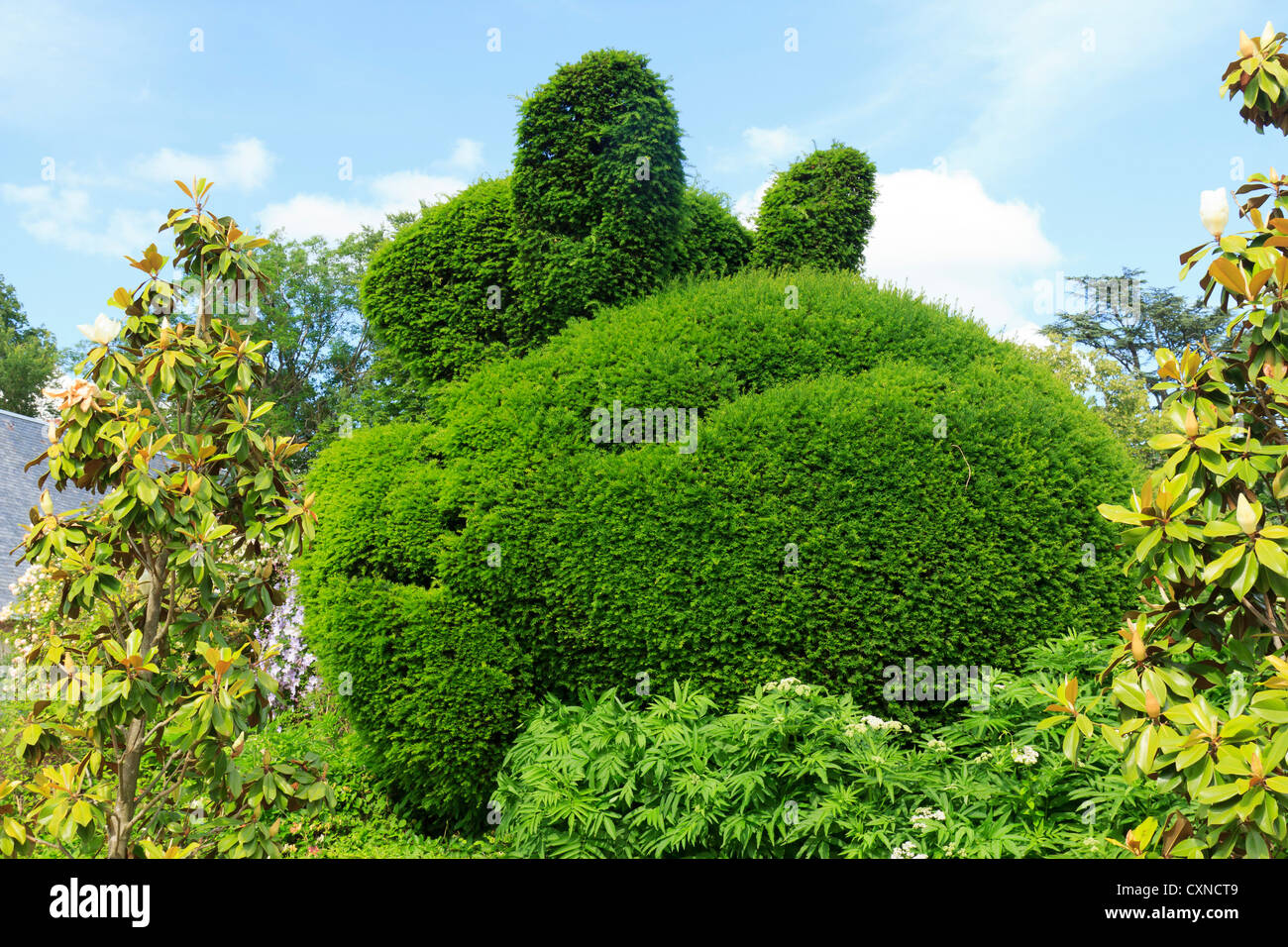 Topiaria da Yew a forma di coniglio gigante nel giardino Internazionale Festival di Chaumont-sur-Loire. Foto Stock
