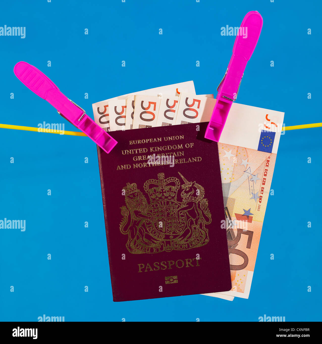 Passaporto del Regno Unito con 50 le banconote in euro appeso in plastica gialla linea vestiti con spine di rosa su sfondo blu Foto Stock