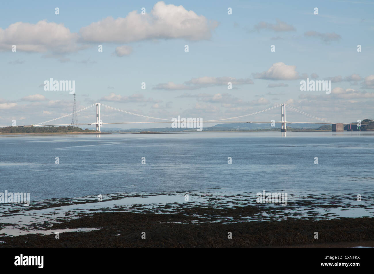 Fiume Severn Estuary a bassa marea con rocce, di erba e fango, giornata soleggiata, Severn Bridge in background Foto Stock