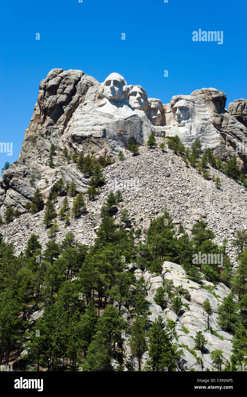 Le facce dei quattro presidenti a Mount Rushmore National Memorial visto dal Grand View terrazza, Black Hills, Dakota del Sud, STATI UNITI D'AMERICA Foto Stock