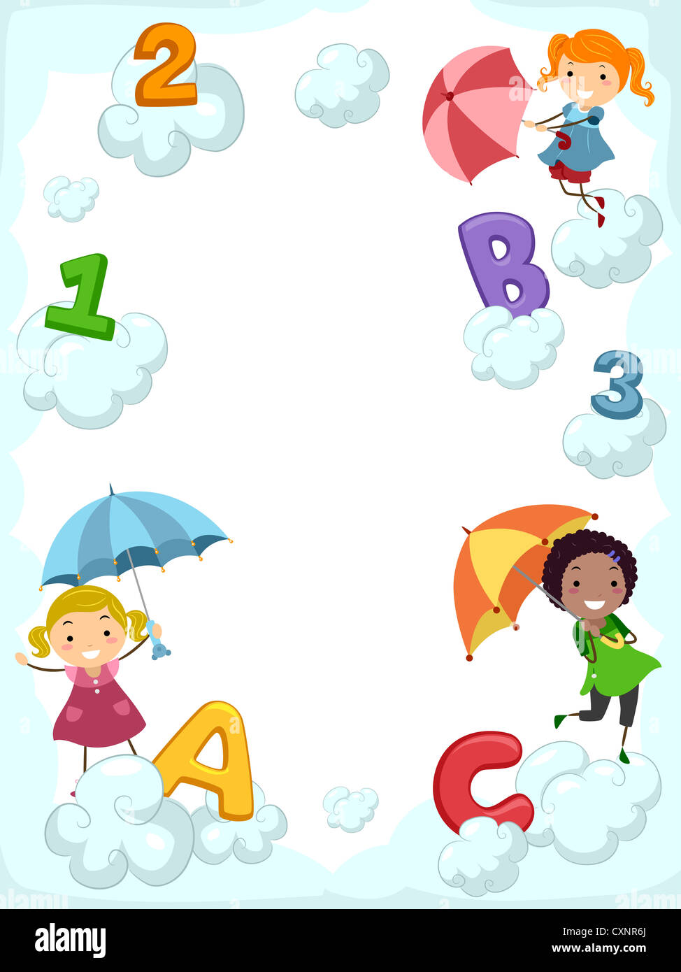 Illustrazione di ragazzi che trasportano gli ombrelli ballare accanto a supporto di nuvole lettere dell'alfabeto Foto Stock
