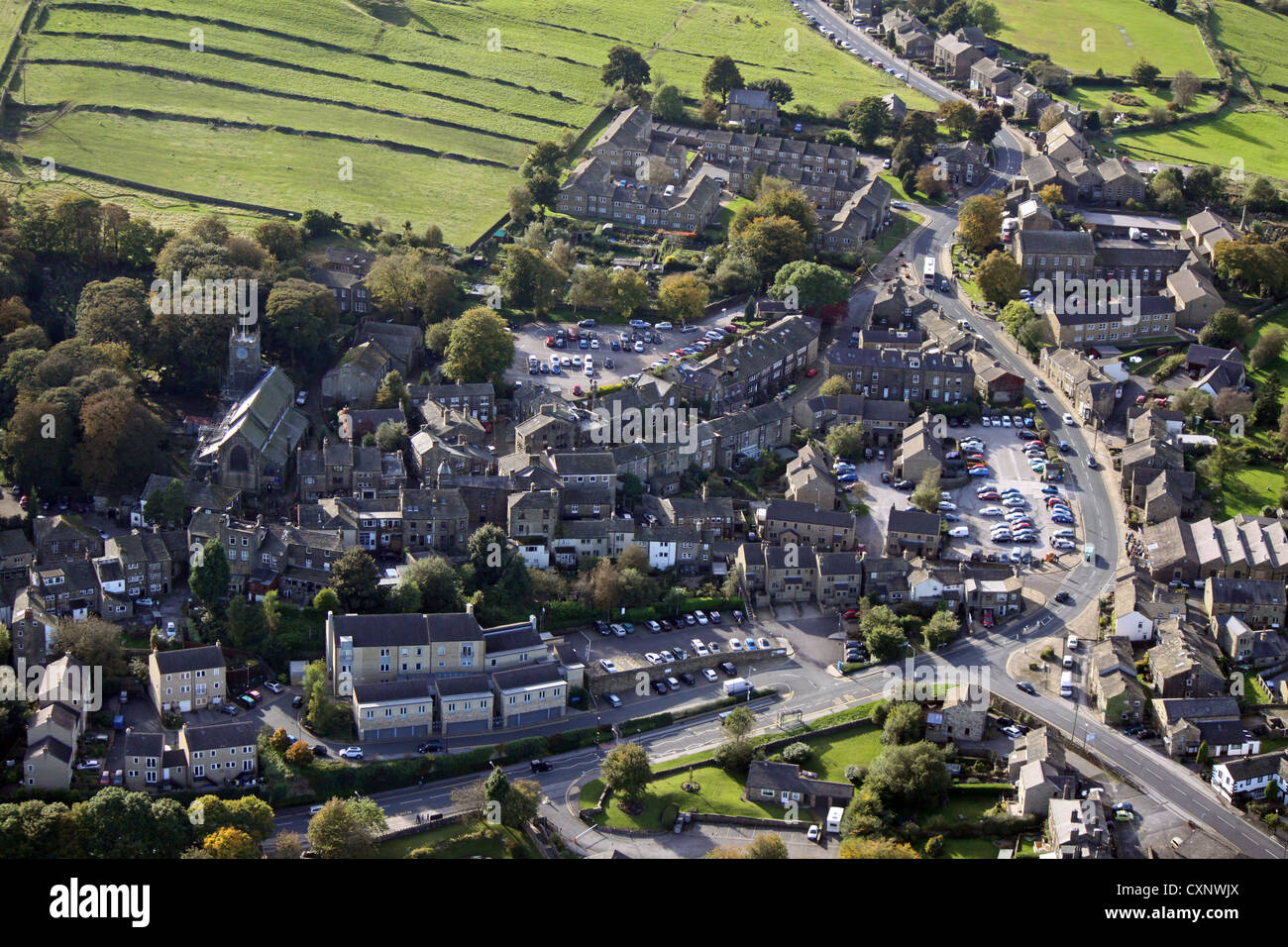 Vista aerea del villaggio di Howarth, West Yorkshire Foto Stock