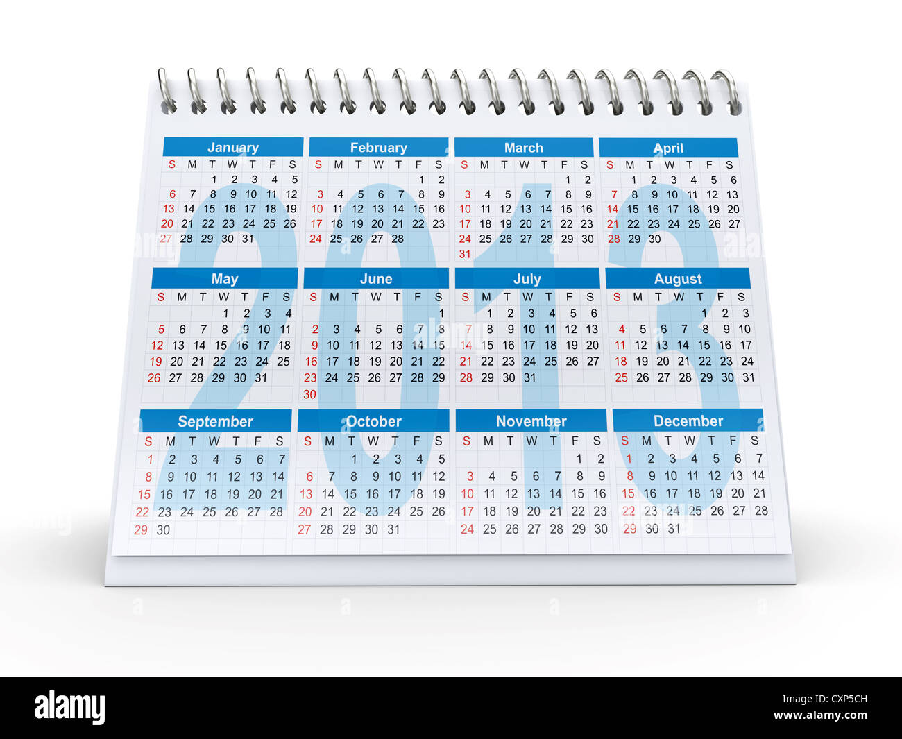 3D rendering di 2013 Escursioni Calendario su sfondo bianco Foto Stock