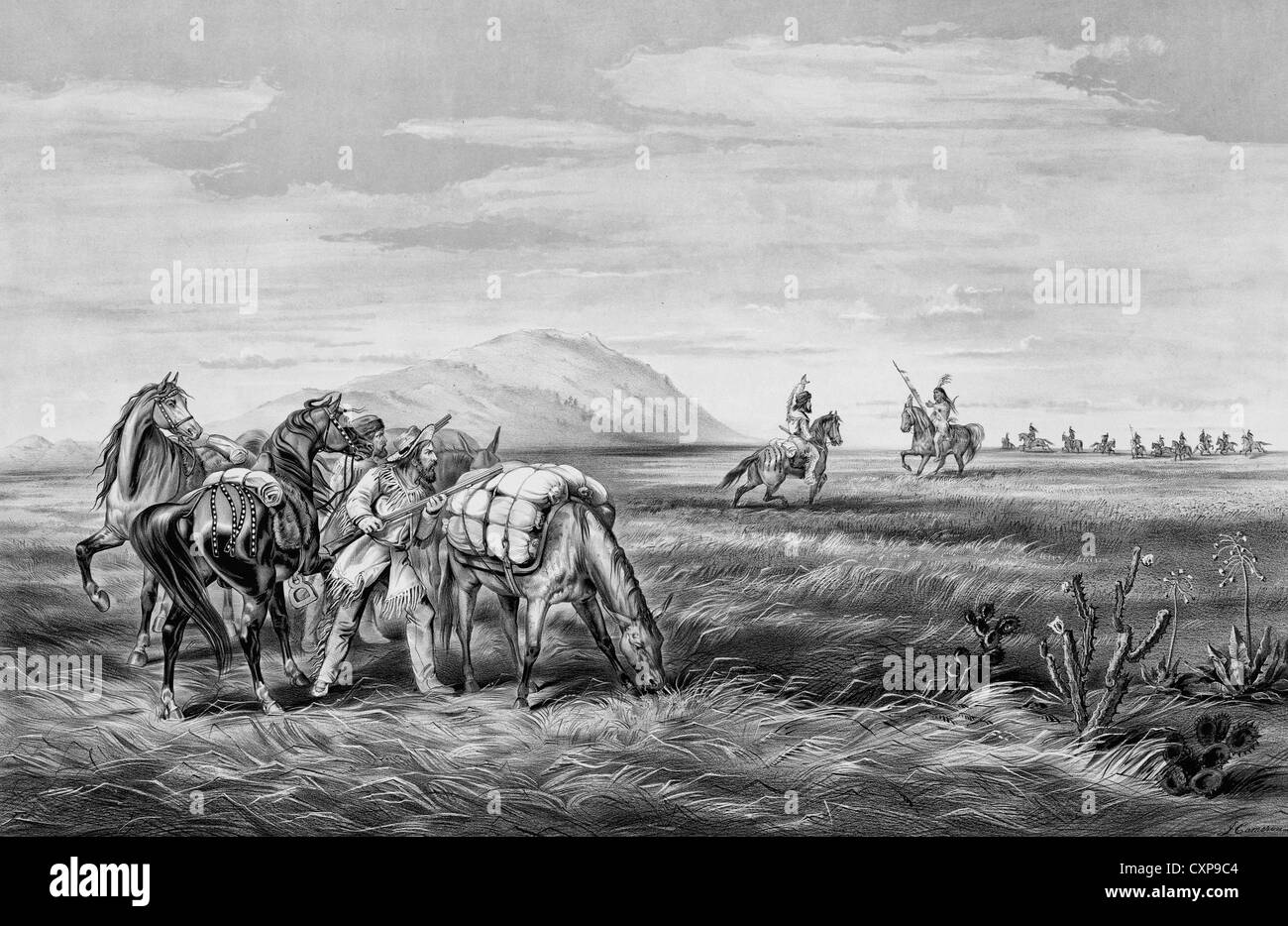 Un parley: preparati per un'emergenza, incontro con un Indiano nel West Americano Foto Stock