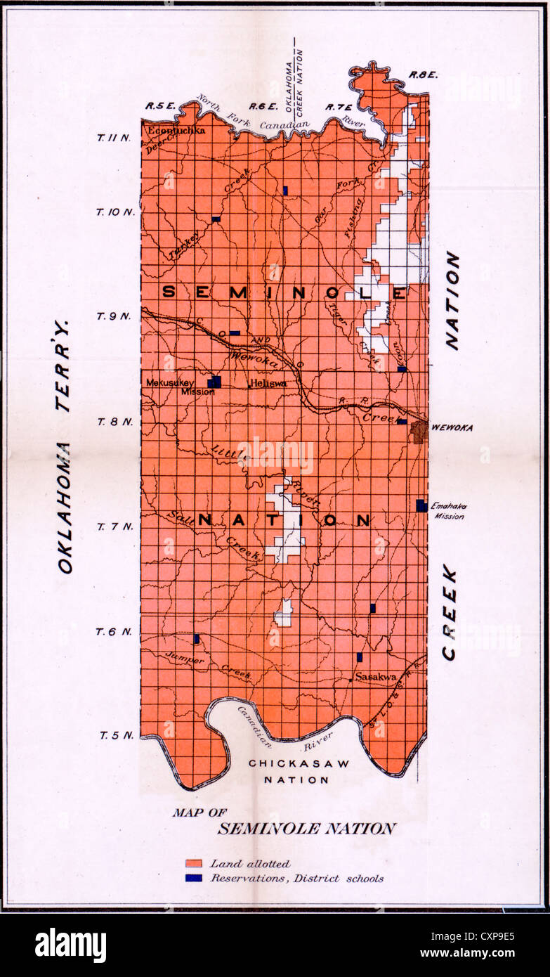 Nazione Seminole mappa - Oklahoma, 1902 Foto Stock