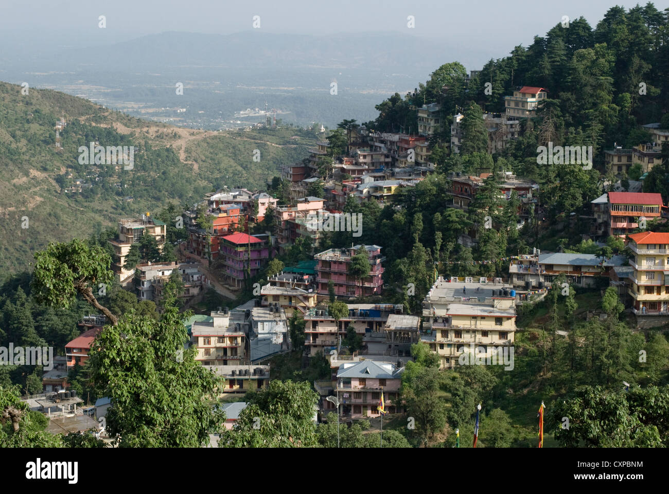 Una vista passato McLeod Ganj e Dharamsala per la valle di Kangra. India del nord. Foto Stock