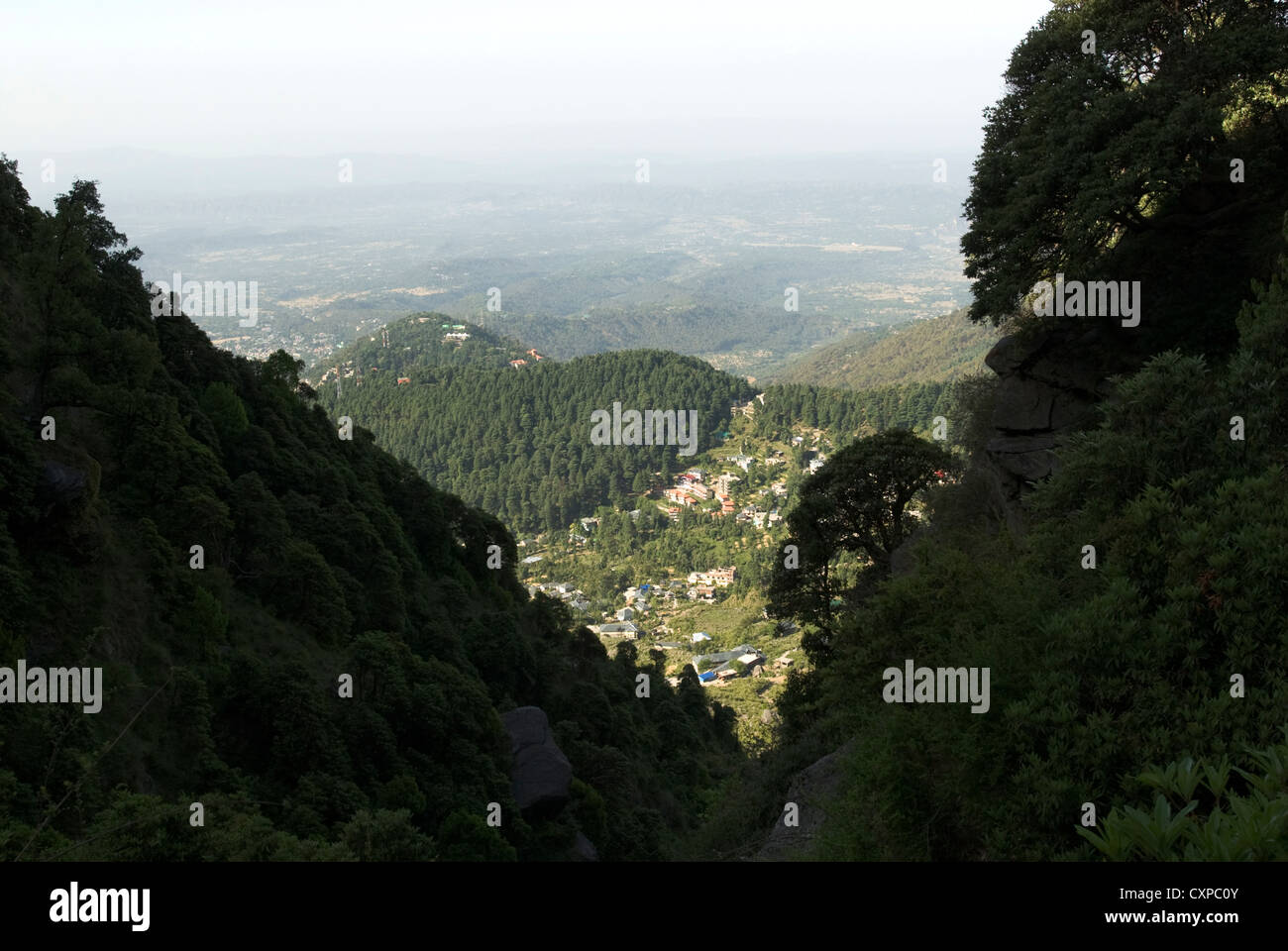 Guardando verso il basso per McLeod Ganj, Dharamsala in India del Nord Foto Stock