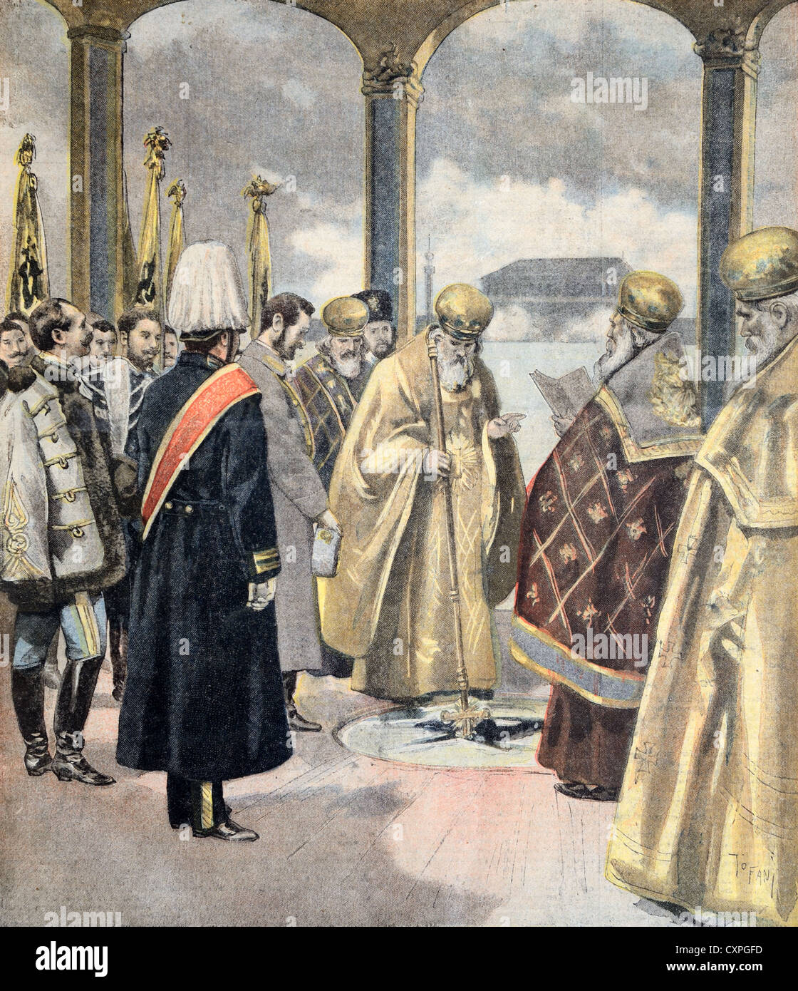 Benedizione del fiume Neva San Pietroburgo (1895) Russia da parte del sacerdote ortodosso russo della Chiesa ortodossa. Illustrazione o incisione vintage Foto Stock