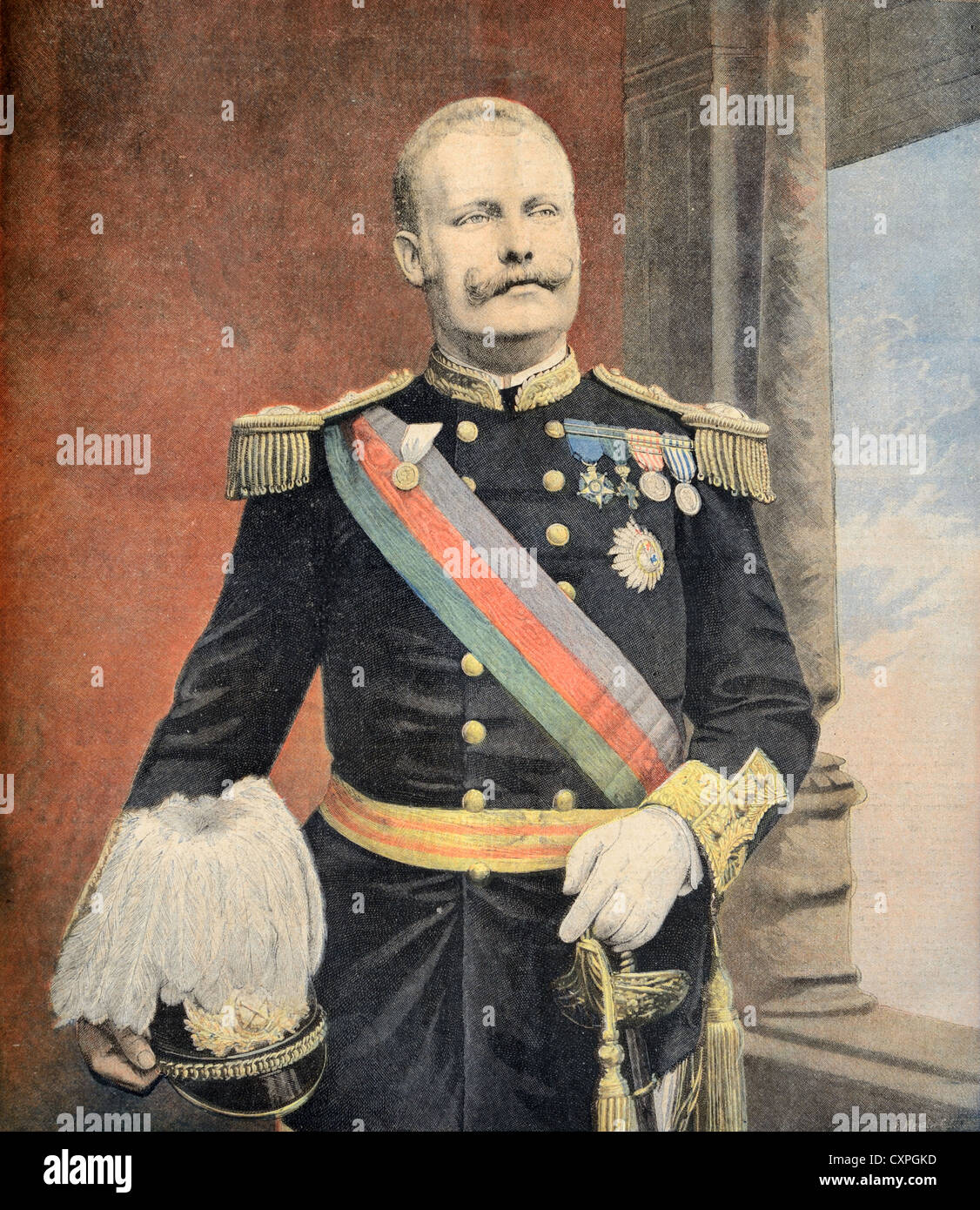 Ritratto di Re Carlos i Re di Portogallo (1863-1908) vestito in uniforme militare. Illustrazione o incisione vintage Foto Stock