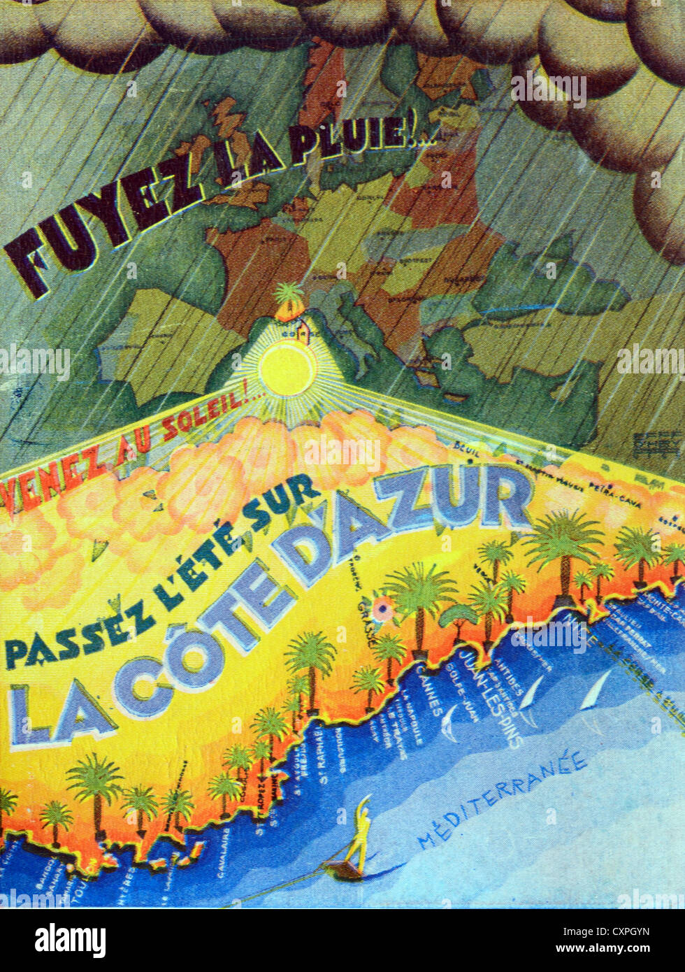 Vintage o vecchio annuncio pubblicitario o di pubblicità per la Costa Azzurra o la Costa Azzurra (fuggire la pioggia vieni al Sole) c1930 Foto Stock
