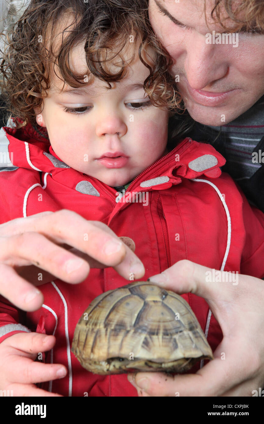 Padre e figlio con una tartaruga Foto Stock