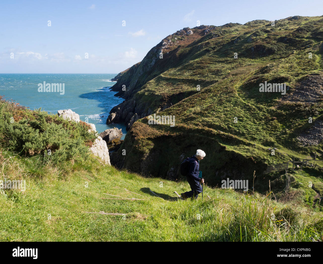 Persona che cammina verso il basso gradino ripido tratto di isola di Anglesey sentiero costiero con vista della frastagliata linea costiera a Hell's bocca. Cemaes Anglesey Wales UK Foto Stock