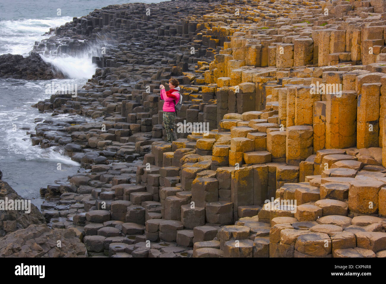 Tourist fotografare il basalto formazione di roccia, Giant's Causeway, County Antrim, Irlanda del Nord, Regno Unito, Europa Foto Stock