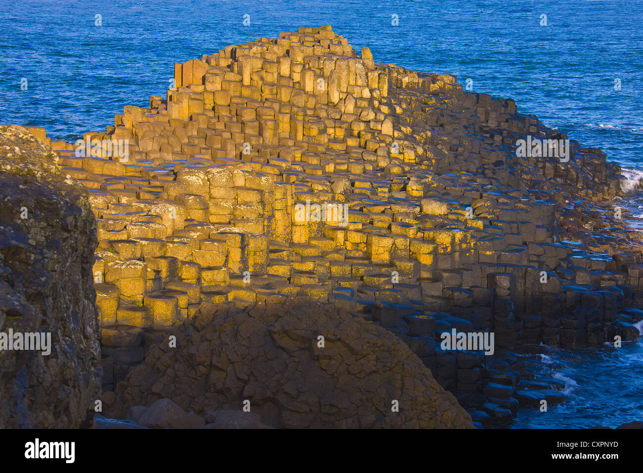 Il basalto formazione di roccia, Giant's Causeway, County Antrim, Irlanda del Nord, Regno Unito, Europa Foto Stock