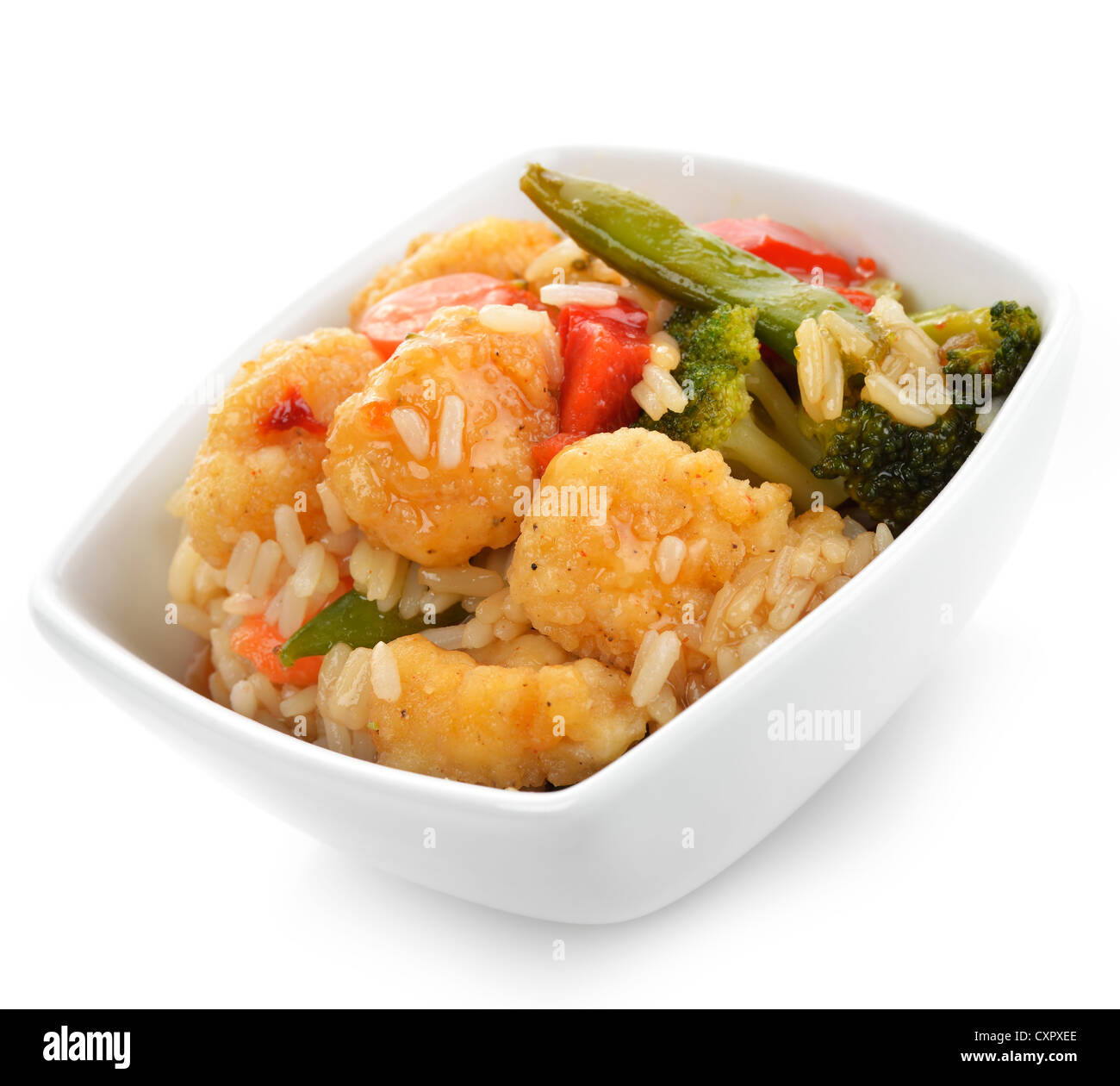 Dolce e aspro di pollo con riso e verdure Foto Stock