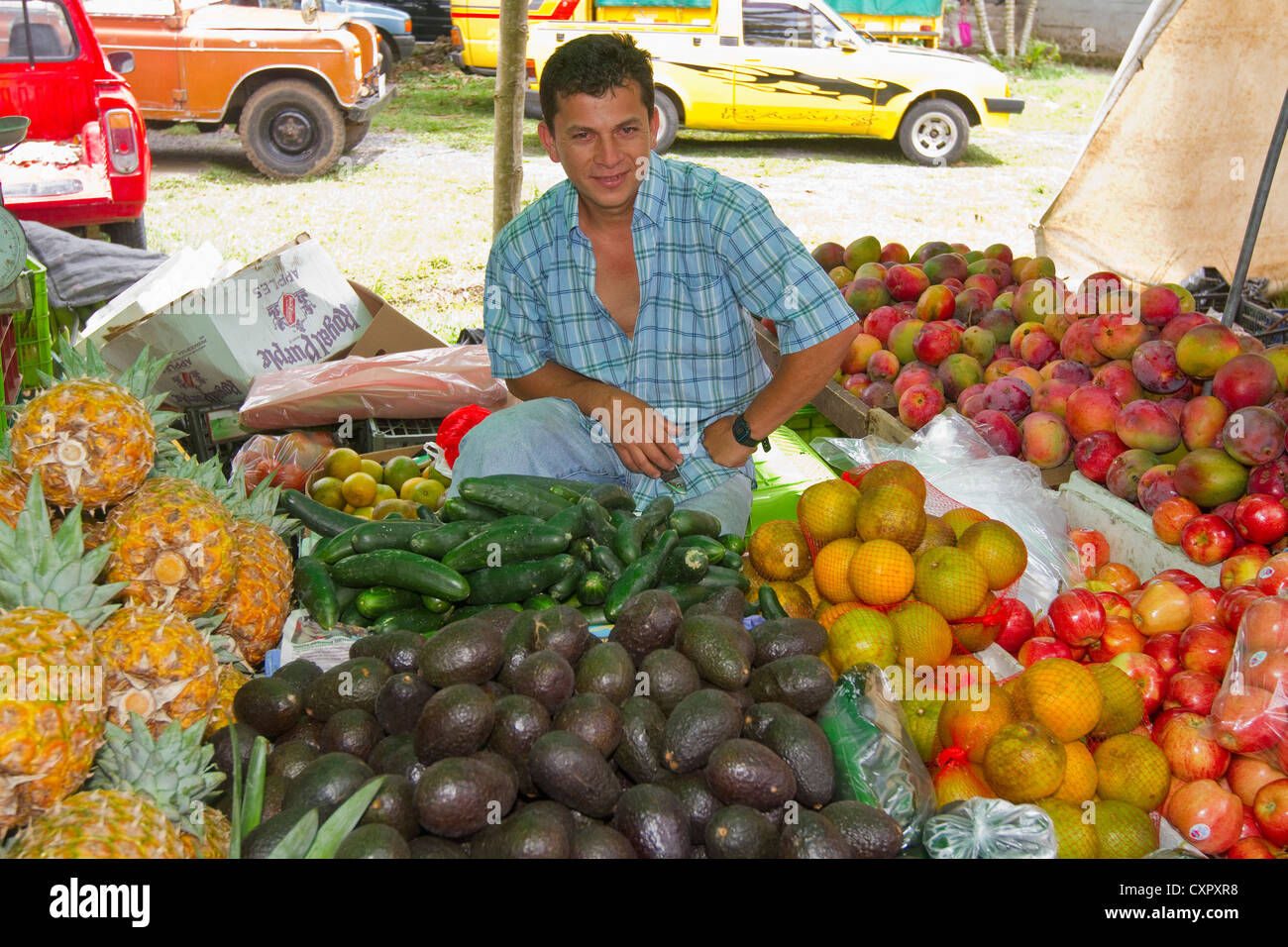 Venditore al coltivatore di Turrialba mercato della vendita di prodotti freschi, Cartago, Costa Rica, l'America centrale. Foto Stock
