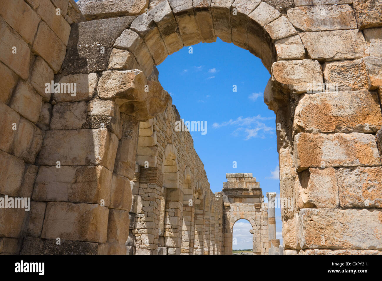 Le rovine romane, elencato come sito del Patrimonio Culturale Mondiale dell UNESCO, Volubilis, Marocco Foto Stock