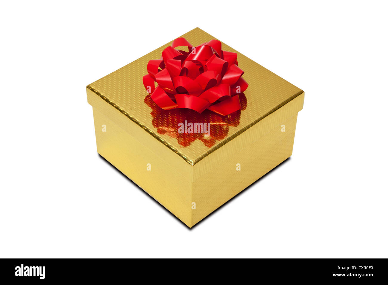 Golden confezione regalo con fiocco rosso Foto Stock
