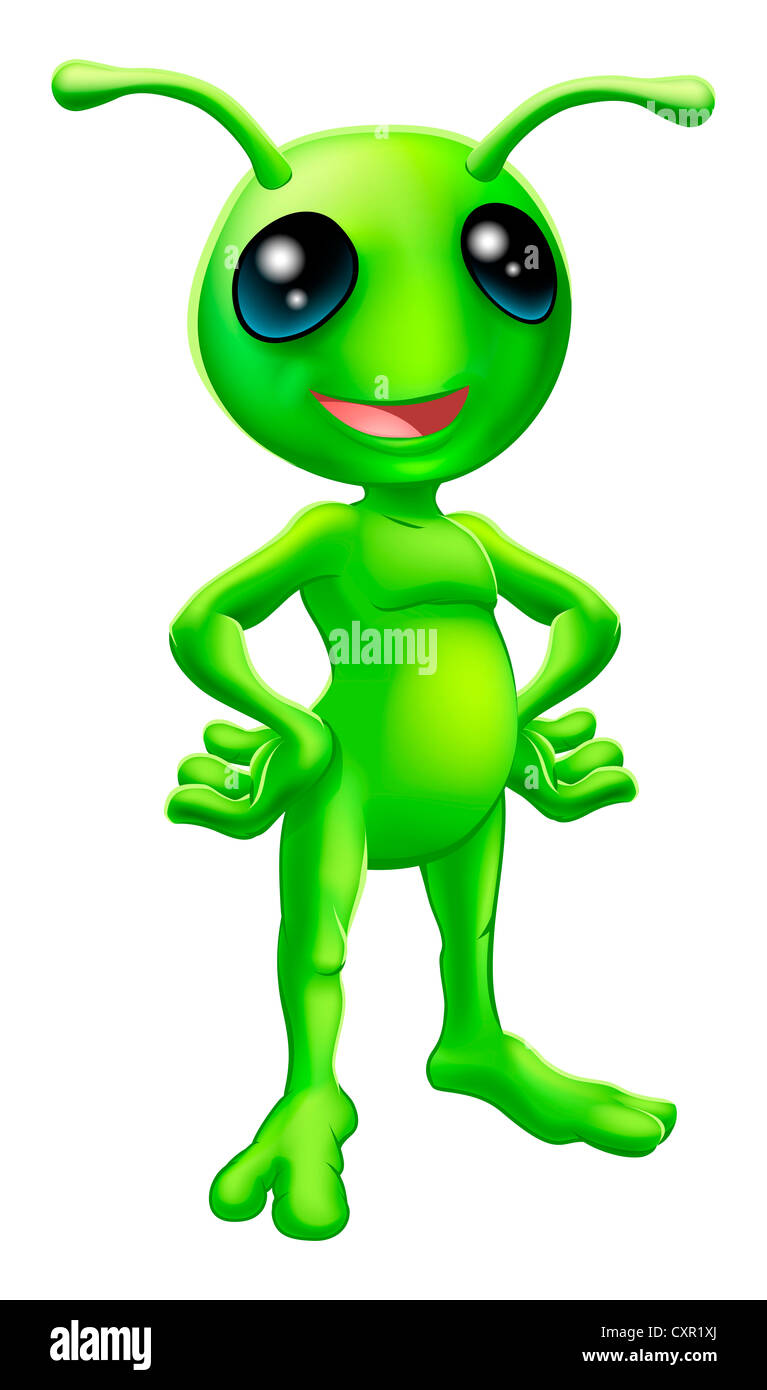 Cartoon green felice friendly alien in piedi con le mani sui suoi fianchi Foto Stock