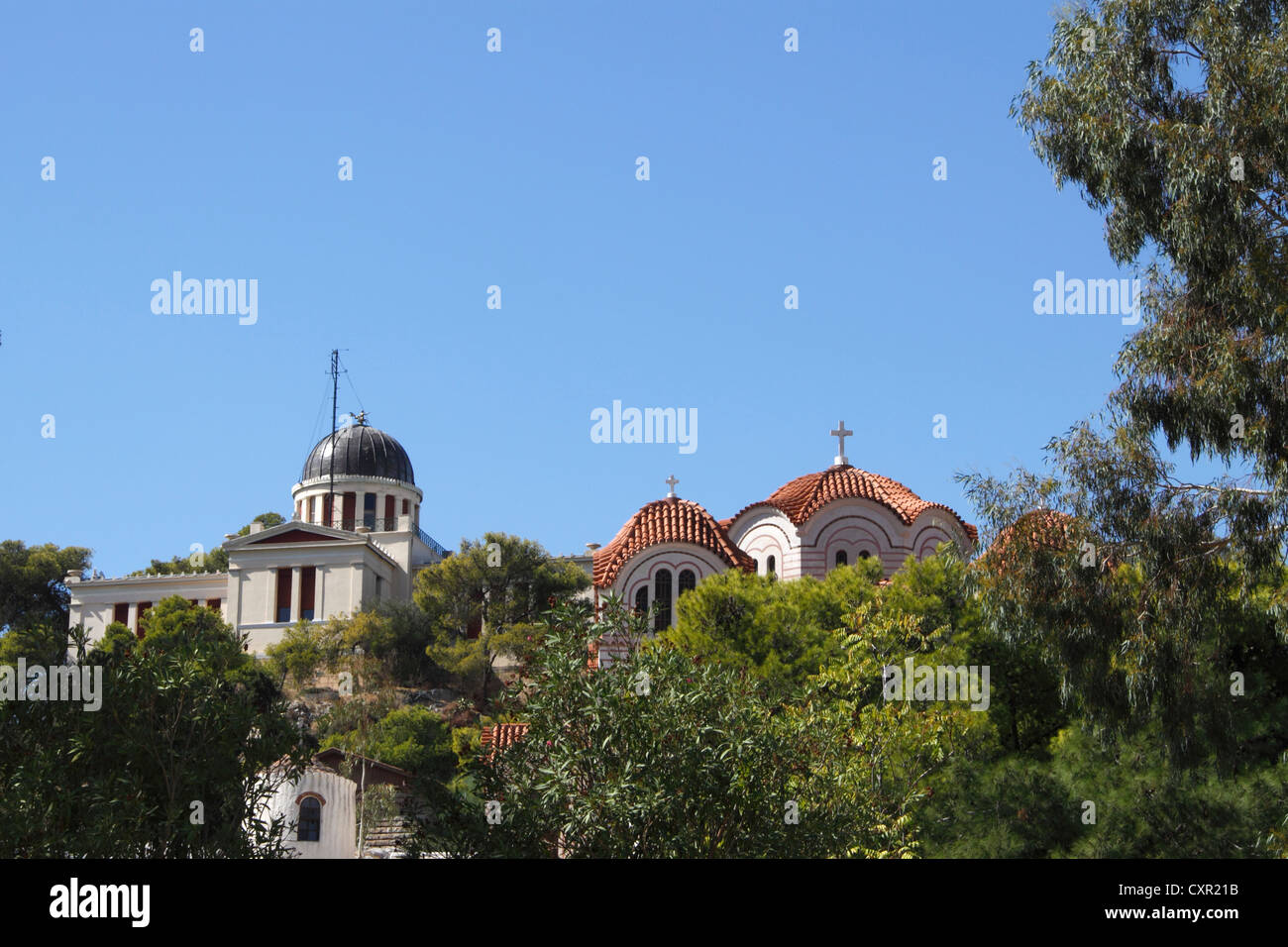 Osservatorio nazionale di Atene e di Santa Marina (Agia Marina) Chiesa sulla collina delle Ninfe, Thissio, Atene, Attica, Grecia Foto Stock