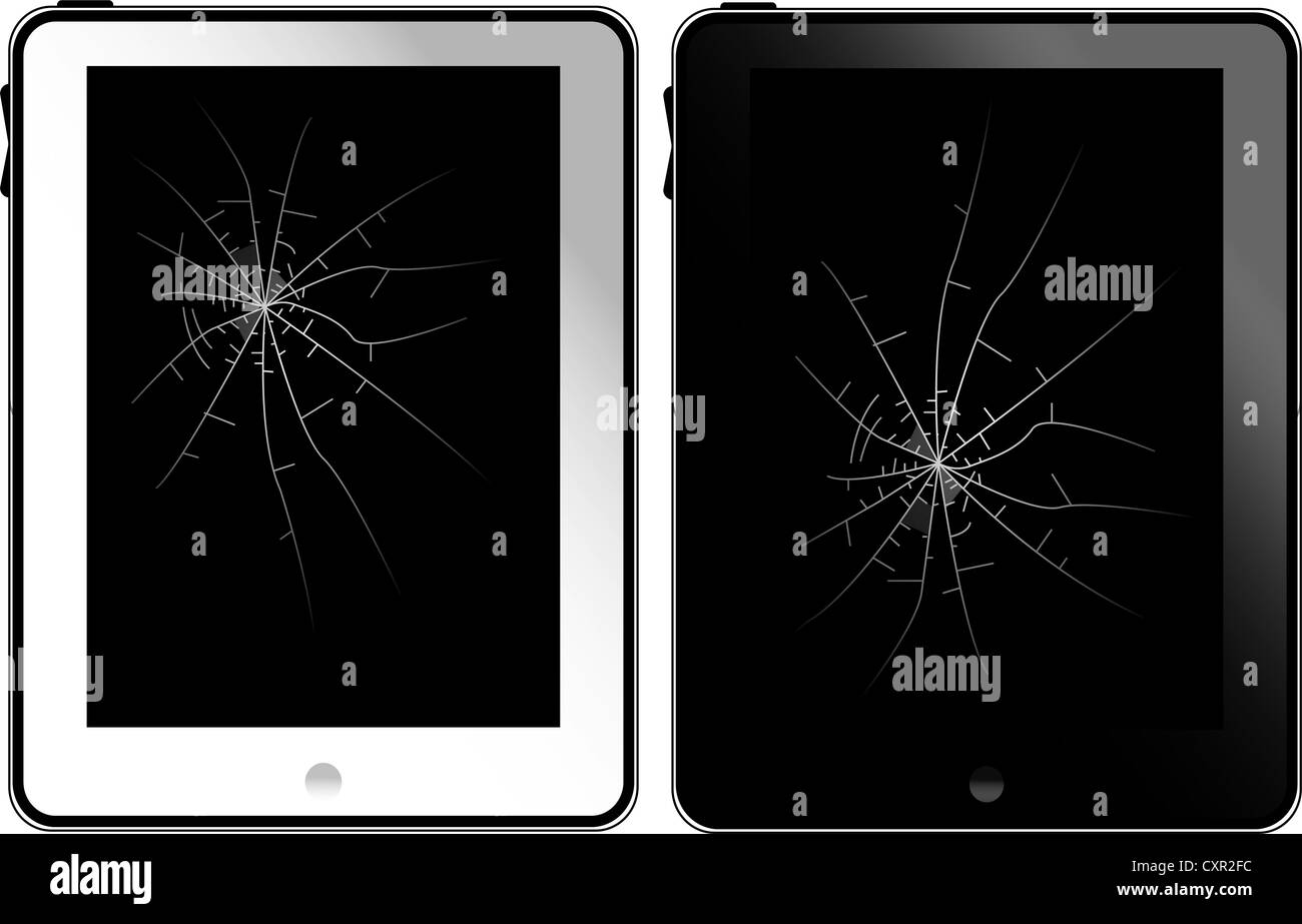 Il bianco e il nero tablet pc con il vetro rotto Foto Stock
