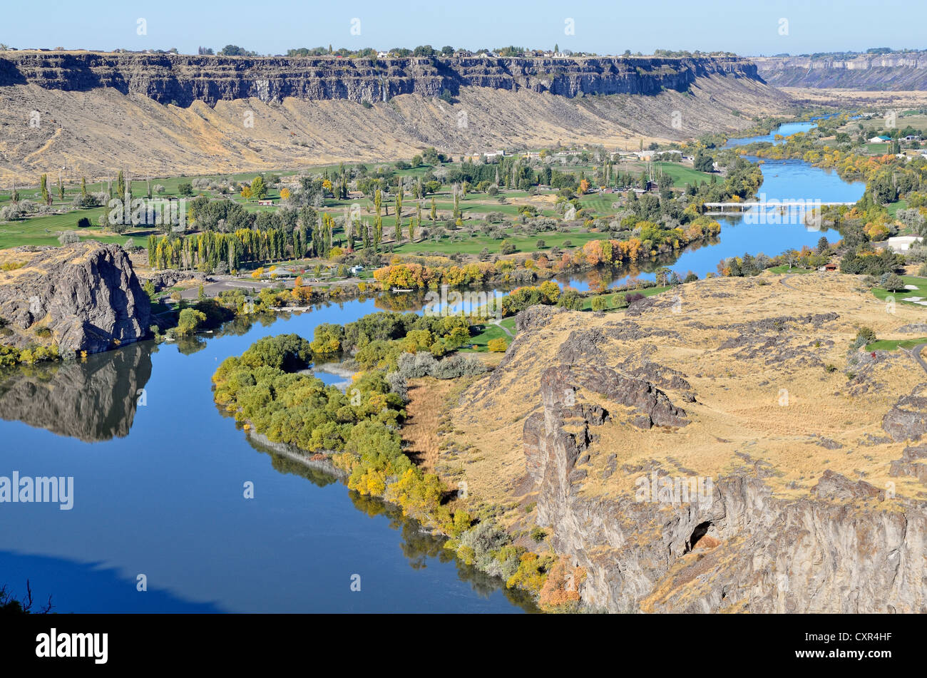 Snake River, il letto del fiume con rocce basaltiche che, Twin Falls, Idaho, Stati Uniti d'America, PublicGround Foto Stock