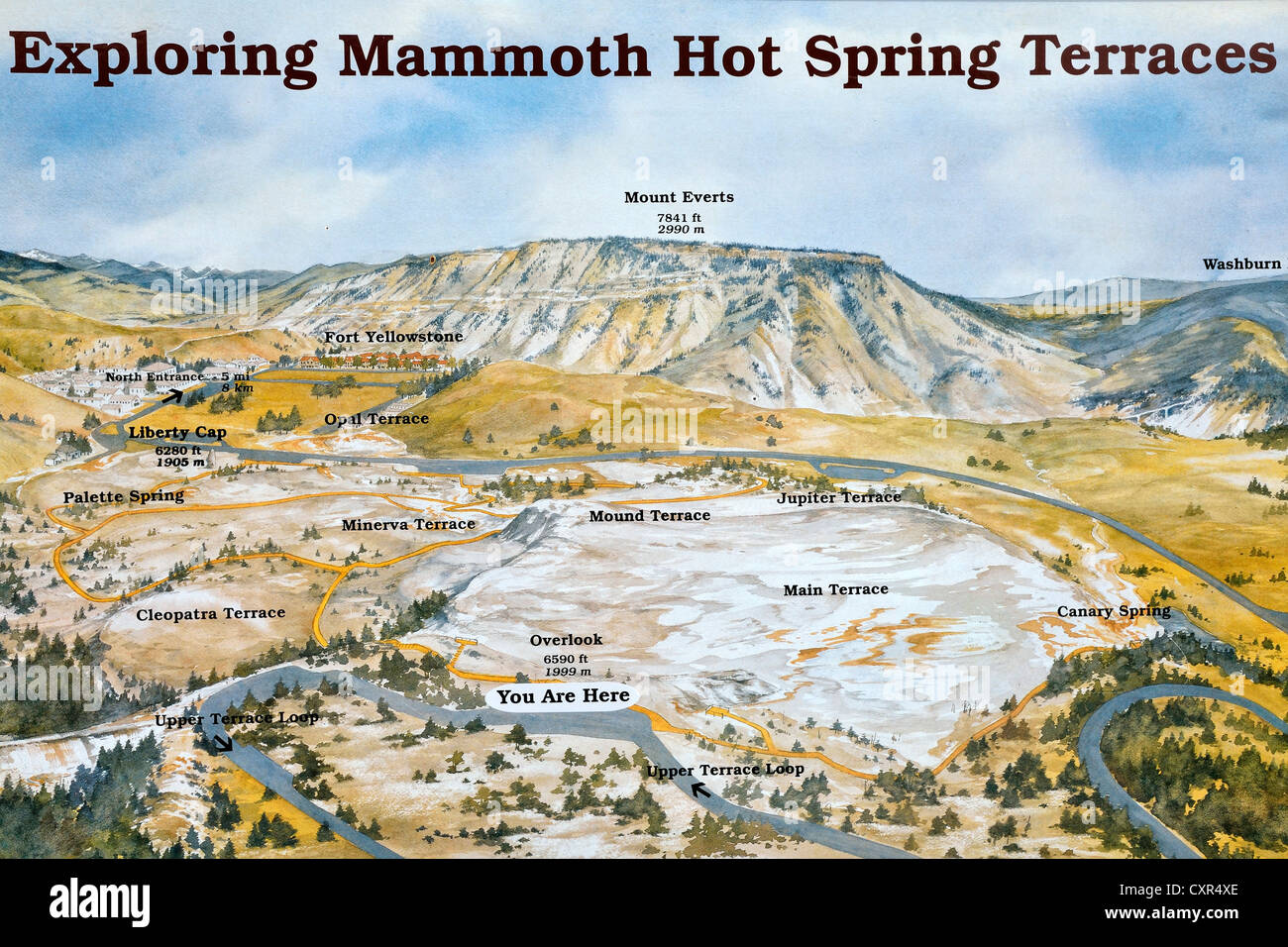 Scheda Informazioni presso il Mammoth Hot Spring Terrazze, Parco Nazionale di Yellowstone, Wyoming USA Foto Stock