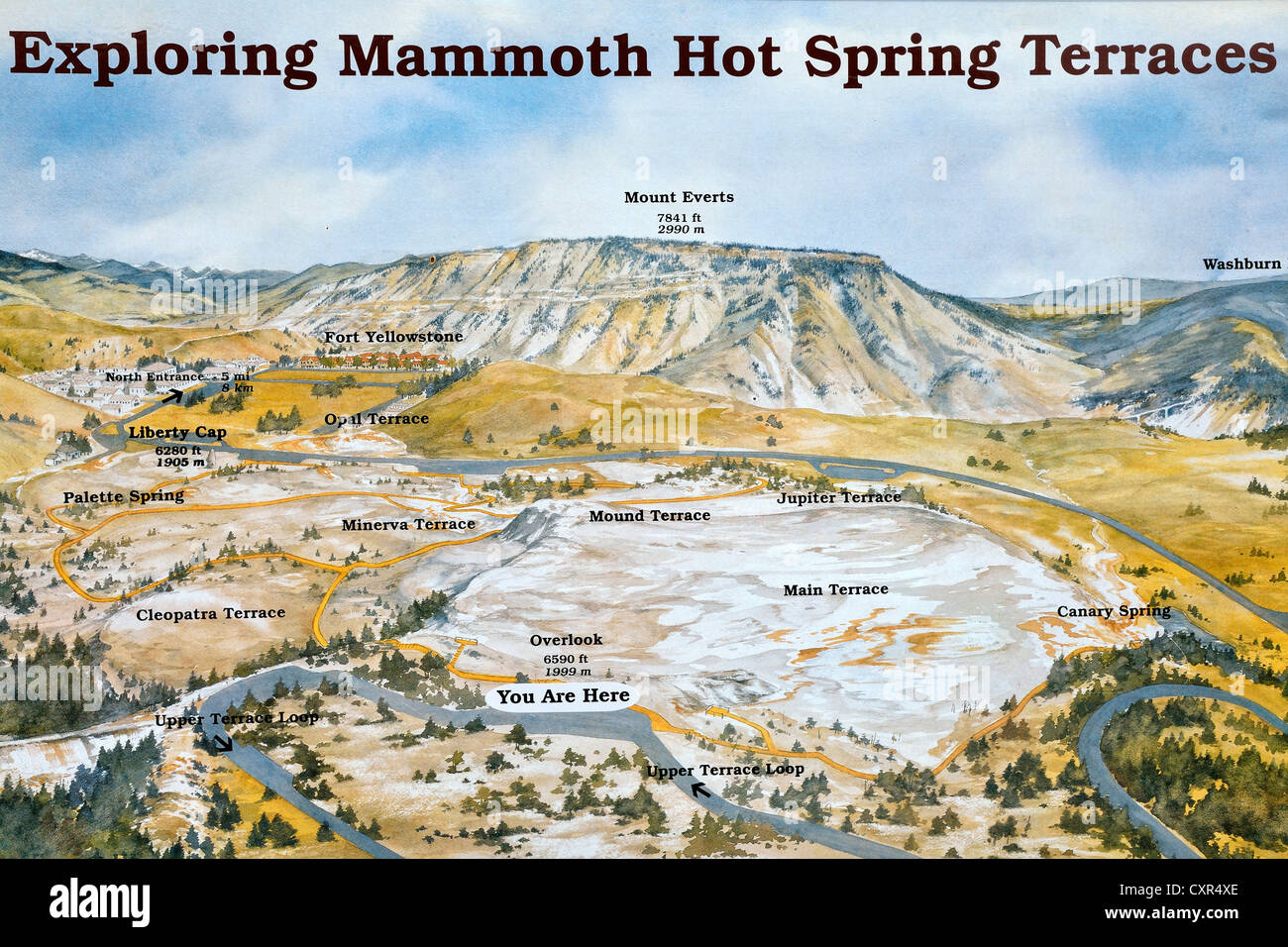 Scheda Informazioni presso il Mammoth Hot Spring Terrazze, Parco Nazionale di Yellowstone, Wyoming USA Foto Stock